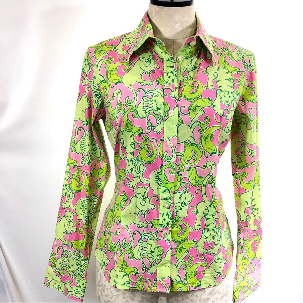 Vibrant Pink & Lime Green Lions Print Button-Up Woman's Shirt